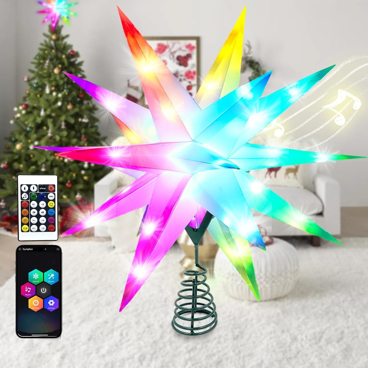Moravian Star Tree Topper,16inch Moravian Star Outdoor Light Bluetooth App & Remote Control Star Lights
